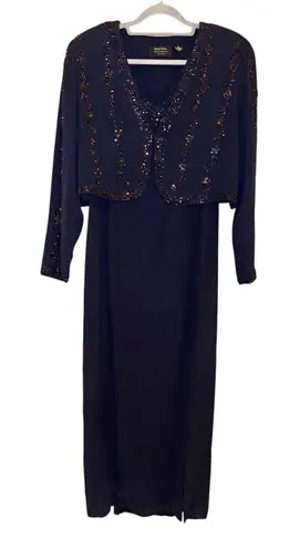 Dana Buchman Dana Butchman 100% Silk vintage beaded iridescent maxi dress & jacket navy 10