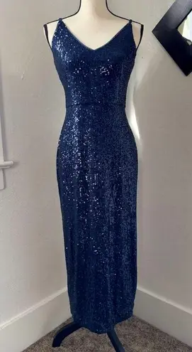 Donna Morgan Navy Blue Sequin V-Neck Midi Dress Womens Size 2 Formal Slit