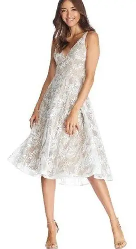 Dress the Population NEW Elisa Vine Embroidered Midi Dress White Nude Small