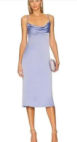 We Wore What New Satin Charmeuse Cowl Neck Slate Blue Midi Dress Spaghetti Strap 2