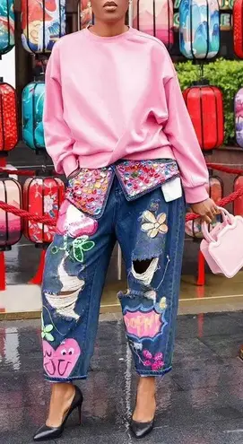 Distressed Jeans Embellished Ripped Denim Colorful Accents Size M/L Blue