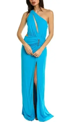 Halston Heritage Halston Ivanna Gathered Asymmetric Cut-Out Gown, Aqua/Blue Size 4 New w/Tag