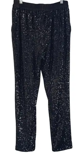 Ramy Brook Black Sequin Pants Pull On Style Size Medium M Pockets Party Event