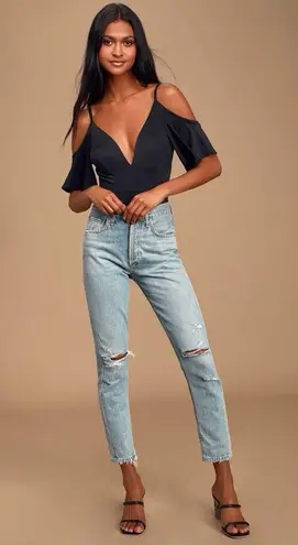 Lulus Slay It With Me Black Off Shoulder Bodysuit XS Flutter Sleeve Sexy Chic