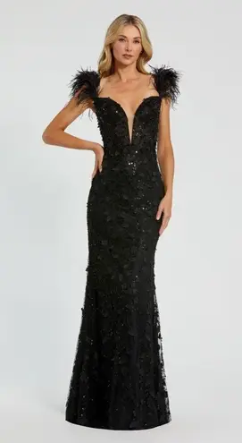 Mac Duggal 20889 Womens Black Sheer Applique Bustier Gown with Feather Straps