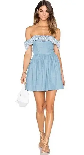 Lovers + Friends  Dream Vacay Chambray Flounced eyelet Ruffle Embroidered Dress M