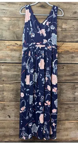 Motherhood Maternity Navy Floral Chiffon Maxi Dress w/ Surplice Pin-tuck Waist