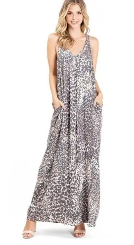 Love stitch casual T back maxi dress with pockets leopard print