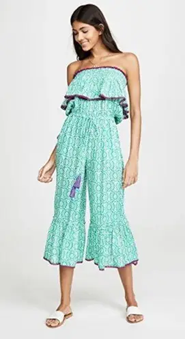 Anthropologie  Tessora Strapless Green Flowy Jumpsuit Pom Fringe