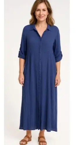 Woman Within Size 14W Blue Button-Front Maxi Dress Roll-Tab Sleeves