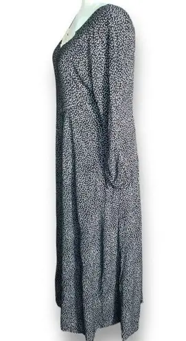 Vintage 80s Black White Polka Dot Long Sleeve Maxi Dress Lace Detail Collar Black