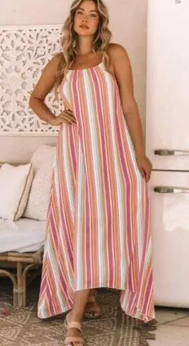 The Lace Daisy NEW Colorful Striped Spaghetti Strap Handkerchief Hem Maxi Dress Size Large