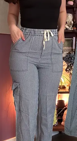 FRNCH Paris S Blue White Striped 100% Cotton Cargo High Waisted Pants