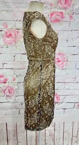 Sue Wong Women's Laced Cap Sleeve Sheath Cocktail Party Dress Gold Size 4