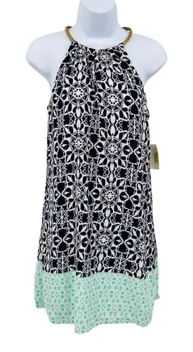 B. Darlin Dress Womens 5/6 Navy Blue Aqua Gold Coil Neckline Geometric NEW White Size undefined