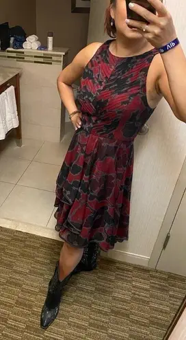 HALSTON Red Black Floral Printed Tulle Hourglass Sleeveless Midi Dress Size 12