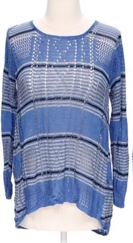 Say What? New Say What Split Back Striped Sweater Overlapping Open Knit Blue - Image 1