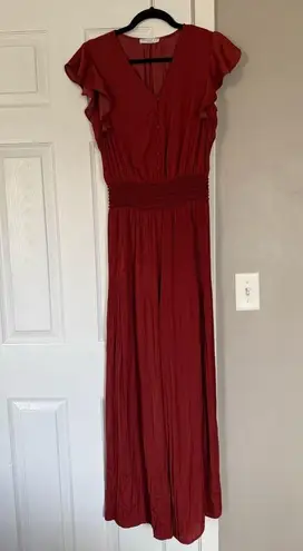 Current Air Smocked Pleated Jumpsuit Satin Women V-Neck Orange Rust Cap Sleeve