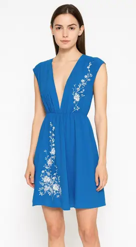 Yumi Kim V-Neck Mini Dress Embroidered Blue White XS Soft Femme Oriental Floral