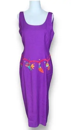 Vintage Deborah Laws Dress Purple Mexican Fiesta Embroidered Linen Blend Maxi Size 10P