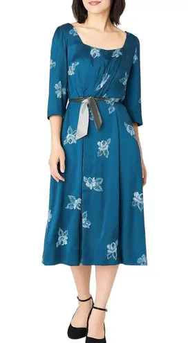 1960s Vintage Vogue Couturier Teal Blue Floral Long Sleeve Dress Small Formal Size XS