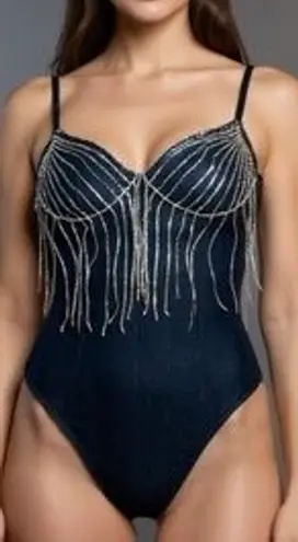 Blashe NWT VIRAL SEXY Blue Denim Fringe Rhinestone Jeweled Sleeveless Bodysuit M Size M