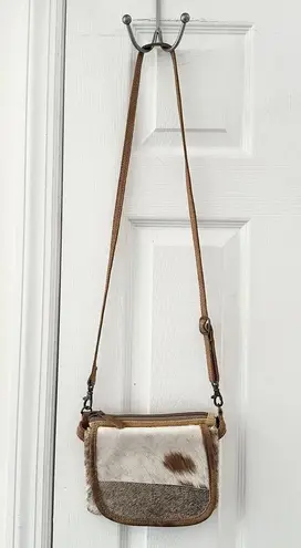 Myra Bags Cowgirl Western Mini Crossbody Saddle Genuine Leather Cowhide Hair Bag Tan