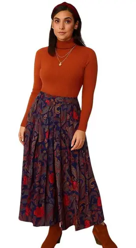 Vintage Pinnacle Blue Red Rayon Pleated Skirt 90s Paisley Boho Made in USA Sz 10