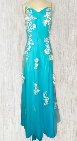 JJ's House New Formal Sky Blue Flower Floral Lace Overlay Mesh Prom Wedding Gown Maxi Dress