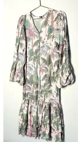 LoboRosa Pink Floral Puff Sleeve Palms Button Front Up Dress Size Large
