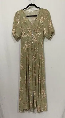 Kivari Lani Dress Midi Size Small Khaki Floral Short Sleeve Boho Green