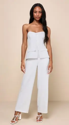 LULU’S Sophisticated Angel White Strapless Vest Jumpsuit