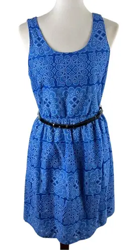 Elle Blue Lace Sleeveless Dress with Black Belt, Women's Size Medium