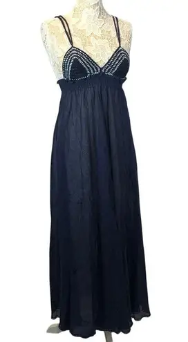 Boutique Navy & white long crocheted beach maxi Bohemian sheer dress size small