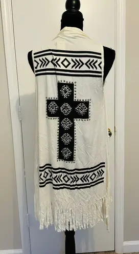 Vocal Cross Rhinestone Fringe Open Front Long Vest White M