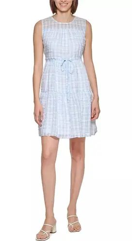 Calvin Klein Blue & White Plaid Checker Seersucker sleeveless Mini Dress- Size Small