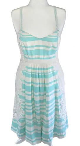 Moulinette Soeurs Blue White Striped Lace Inset Fit & Flare Midi Dress Size 6