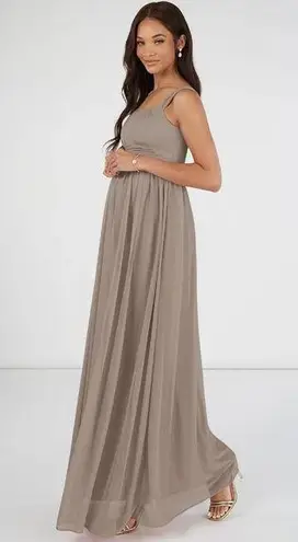 Azazie NWT MELANIE Empire Pleated Mesh Floor-Length Dress Taupe Size A14