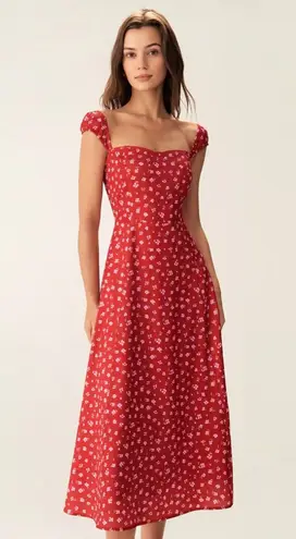 RIHOAS Red Floral Sweetheart Neck Cap Sleeve Midi Dress S