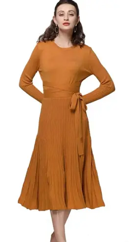 Fincati Cashmere Blend Belt Fitted Pleated Sweater Dress Goldenrod Size Large Gold