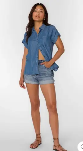 Velvet Heart Edison Shirt Chambray Button Up Short Sleeve Blue Pocket Small New