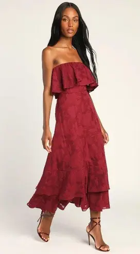 Lulus Love You So Truly Strapless Midi Dress Women's XS Burgundy Burnout Floral Red