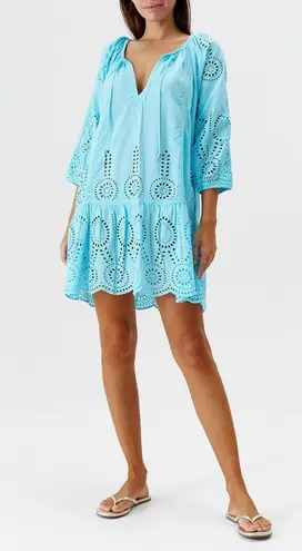 Melissa Odobash Ashley Cotton Swim Cover Up Mini Kaftan Dress Turquoise Medium Blue