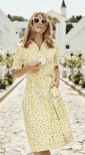 Boden Anastasia Shirtdress US 12R Lemon Pomegranate Fit & Flare Dress Cotton White Size 12