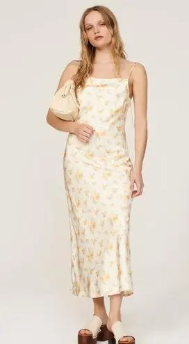 Holzweiler Eila Cream Yellow Floral Print Satin Midi Slip Dress Size XS
