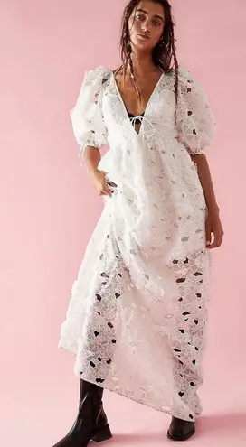 For Love & Lemons Leighton Maxi Dress Floral Embroidered Puff Sleeve Bridal XS White