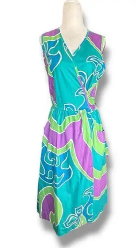 Vintage 70s Wrap Dress Bold Abstract Art Print Blue Purple Sleeveless V neck