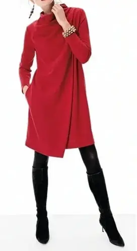 Joan Vass Dress Womens L Red Asymmetrical Cowl Neck Long Sleeve Draped Classic