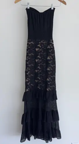 Nightcap Clothing Dress Womens Small Black Lace Tiered Maxi Cutout Bow Strapless