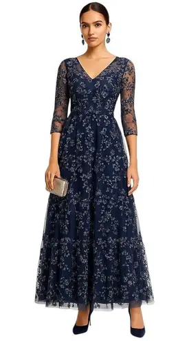 Carmen Marc Valvo Infusion Blue Embroidered Tulle Gown Sequins V-Neck Formal